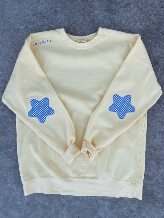 Butter Yellow Comfort Colors® Sweatshirt with Star Appliqué Elbows & Custom Left Chest Embroidery