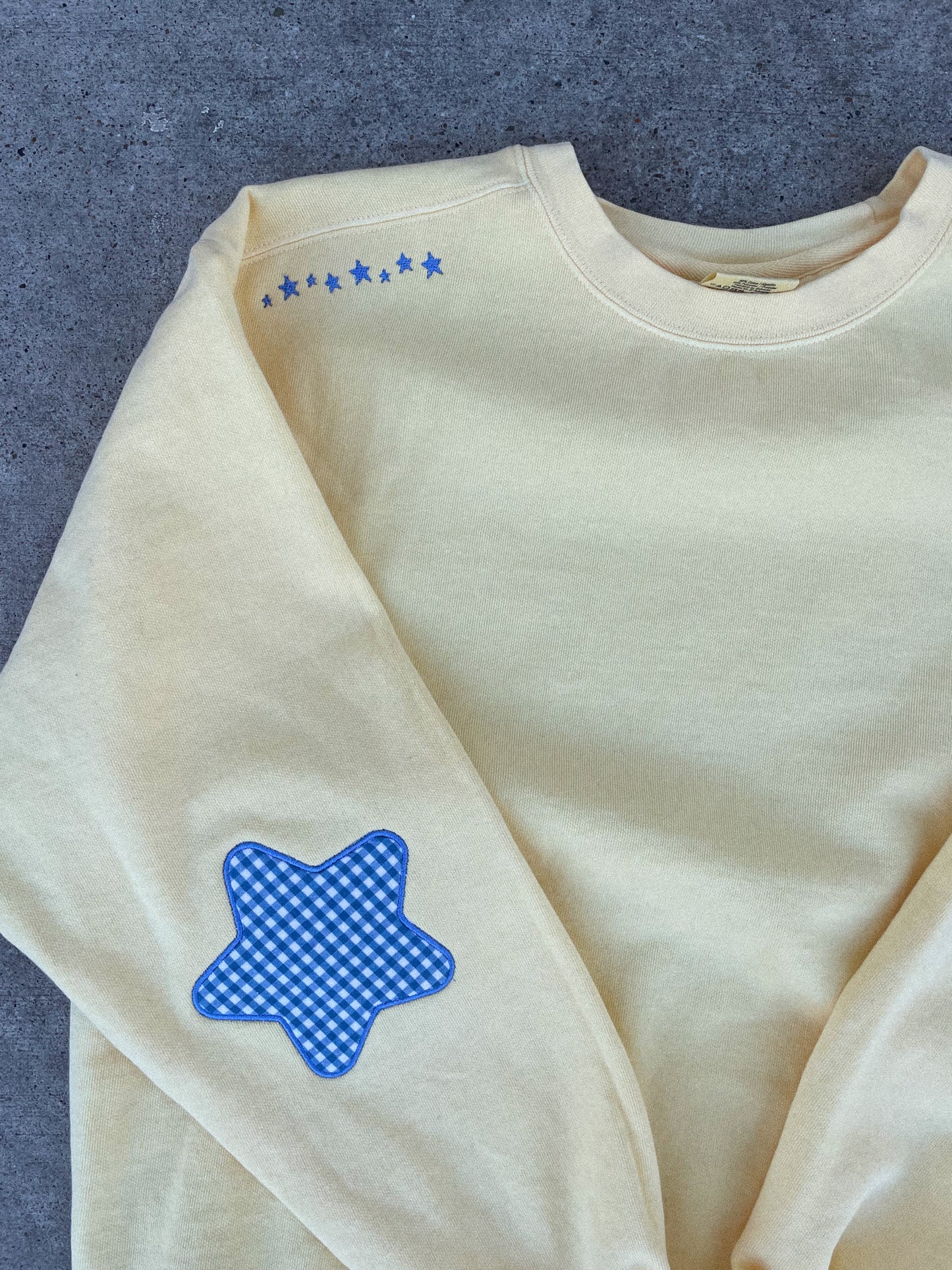 Butter Yellow Comfort Colors® Sweatshirt with Star Appliqué Elbows & Custom Left Chest Embroidery