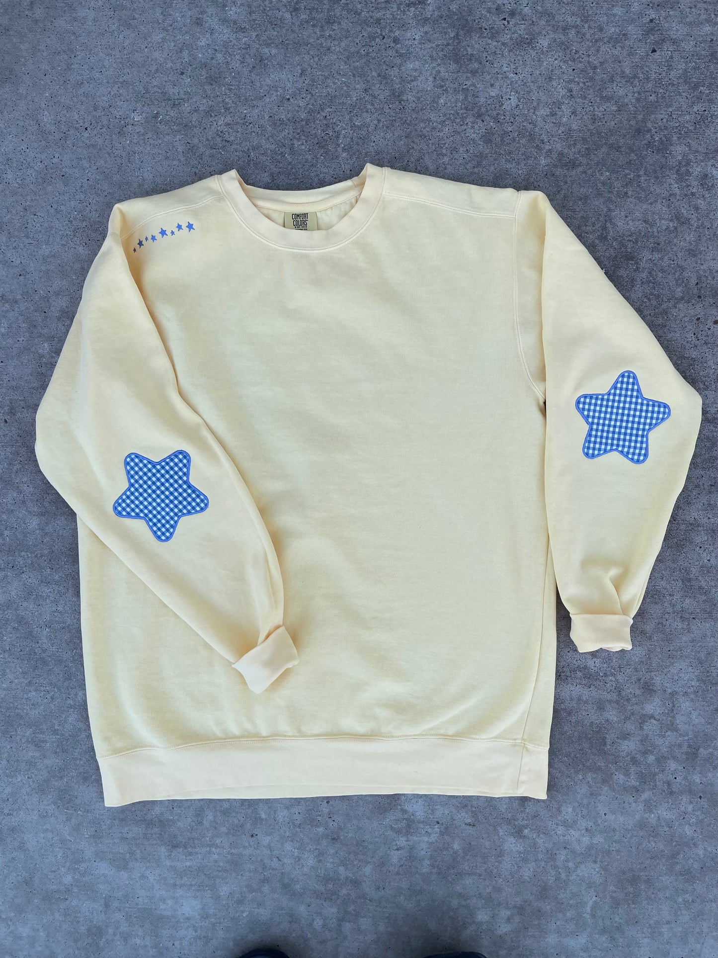 Butter Yellow Comfort Colors® Sweatshirt with Star Appliqué Elbows & Custom Left Chest Embroidery