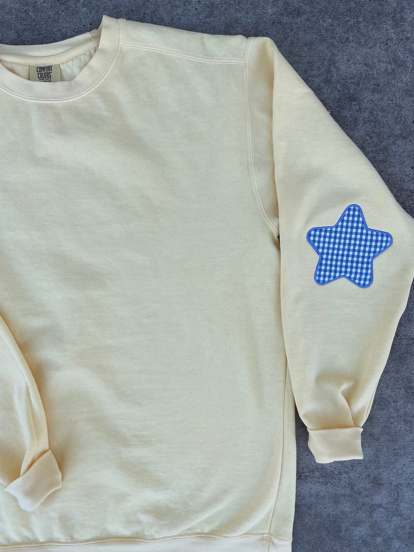 Butter Yellow Comfort Colors® Sweatshirt with Star Appliqué Elbows & Custom Left Chest Embroidery